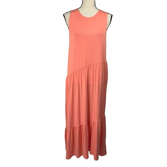 Alfani Medium Tiered Midi Dress Sleeveless Round Neck Keyhole Coral New - Picture 1 of 9